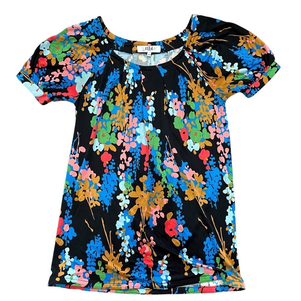 Tibi Silk Abstract Floral Art Puff Sleeve Top Size S Black Green Pink Blue